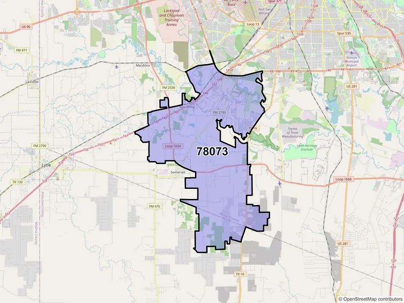 Map of Von Ormy, Texas and ZIP codes