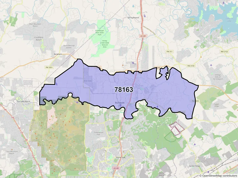 Map of Bulverde, Texas and ZIP codes