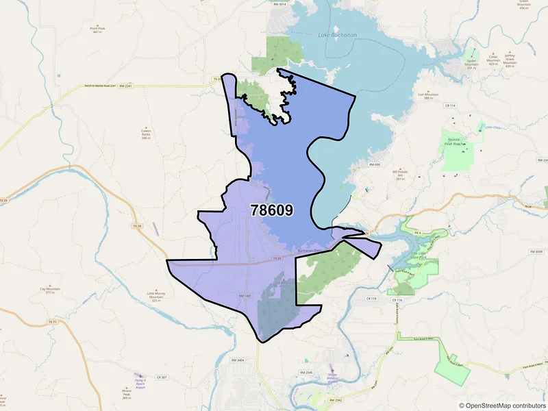 Map of Buchanan Dam, Texas and ZIP codes