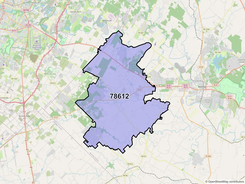 Map of Cedar Creek, Texas and ZIP codes