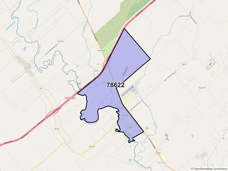 Map of Fentress, Texas and ZIP codes