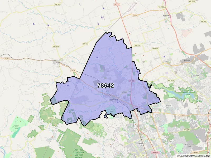Map of Liberty Hill, Texas and ZIP codes