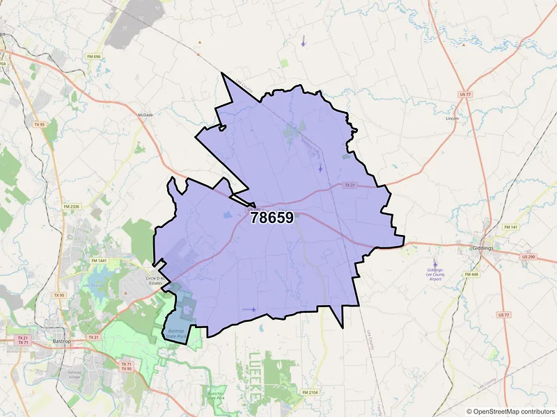 Map of Paige, Texas and ZIP codes