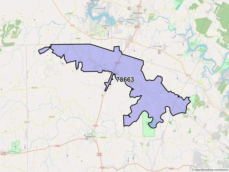 Map of ZIP Code 78663 — Round Mountain, TX