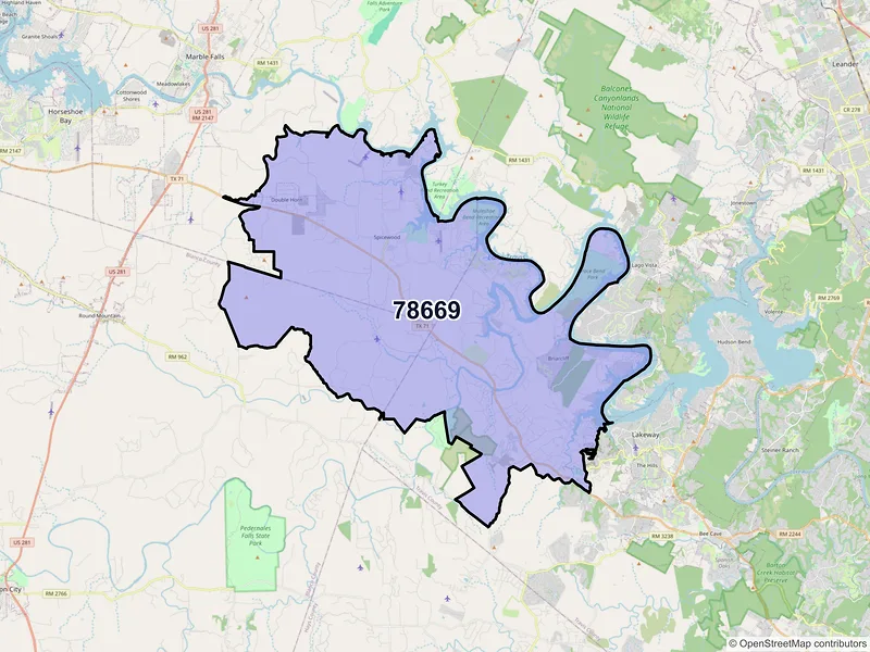 Map of Spicewood, Texas and ZIP codes