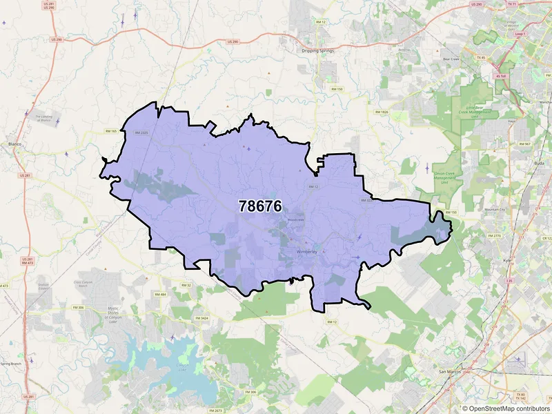 Map of Wimberley, Texas and ZIP codes