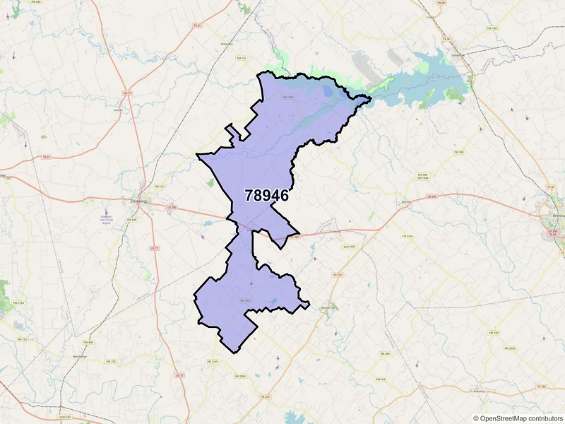 Map of Ledbetter, Texas and ZIP codes