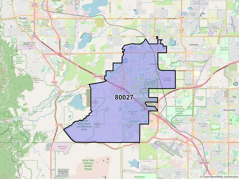 Map of Louisville, Colorado and ZIP codes