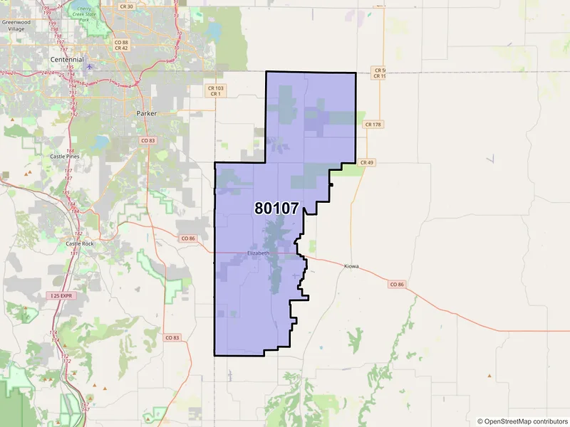 Map of ZIP Code 80107 — Elizabeth, CO
