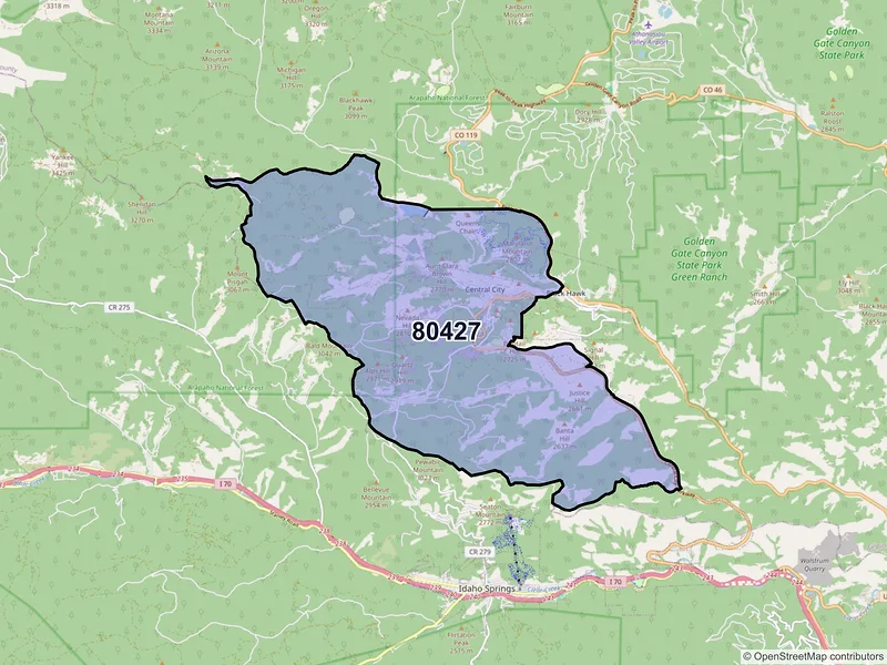 Map of Central City, Colorado and ZIP codes