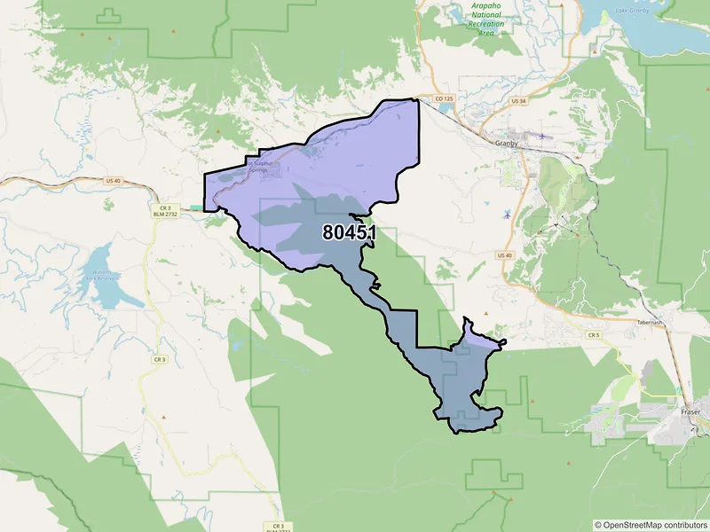 Map of Hot Sulphur Springs, Colorado and ZIP codes