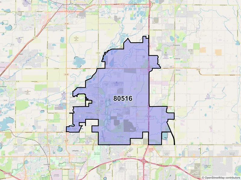 Map of Erie, Colorado and ZIP codes