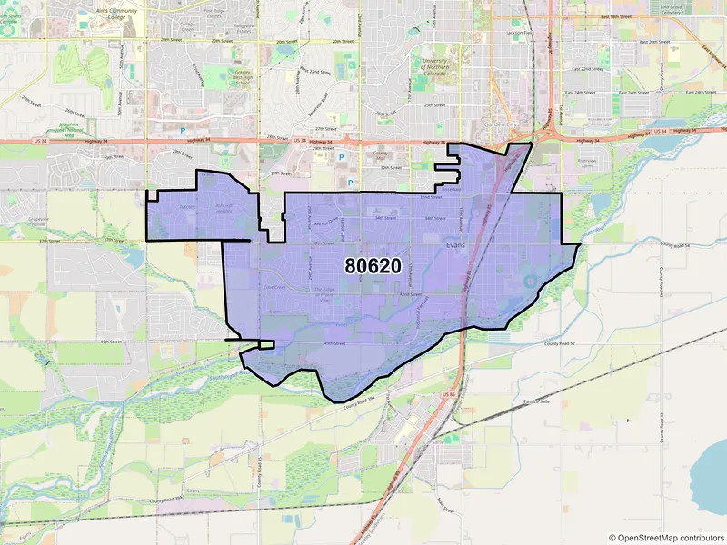 Map of ZIP Code 80620 — Evans, CO