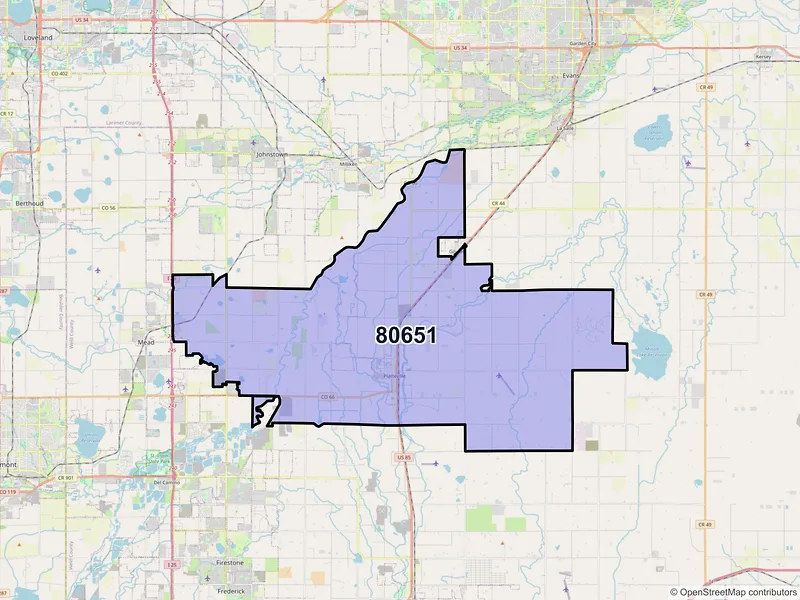 Map of Platteville, Colorado and ZIP codes