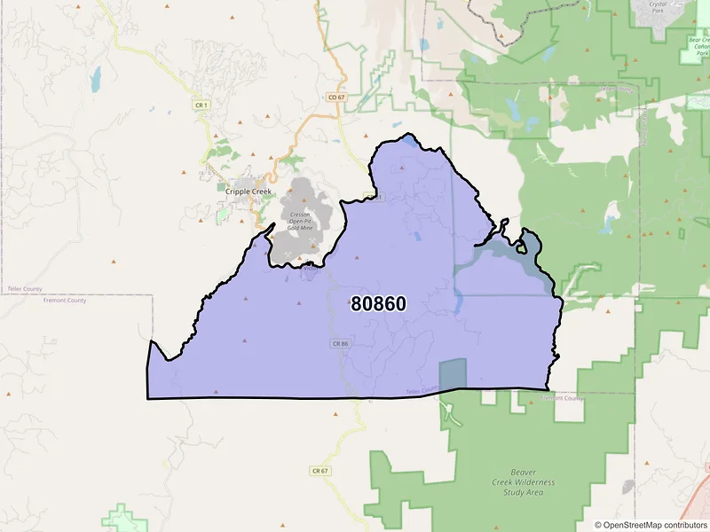 Map of Victor, Colorado and ZIP codes