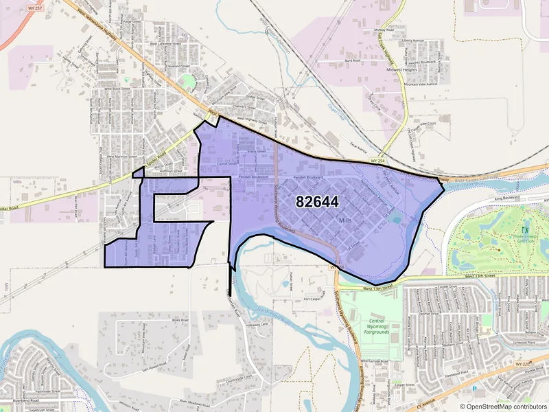 Map of Mills, Wyoming and ZIP codes
