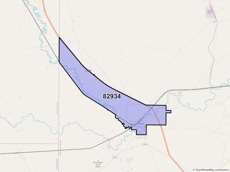 Map of Granger, Wyoming and ZIP codes
