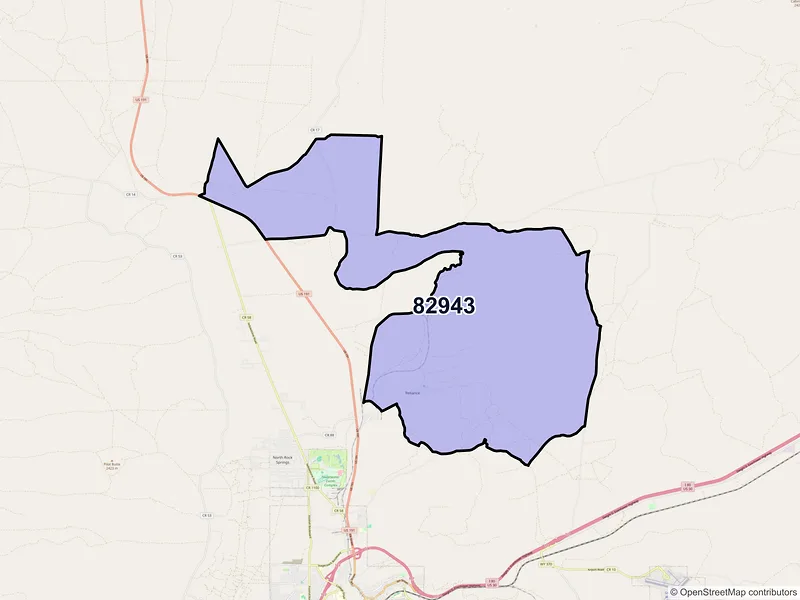 Map of Reliance, Wyoming and ZIP codes