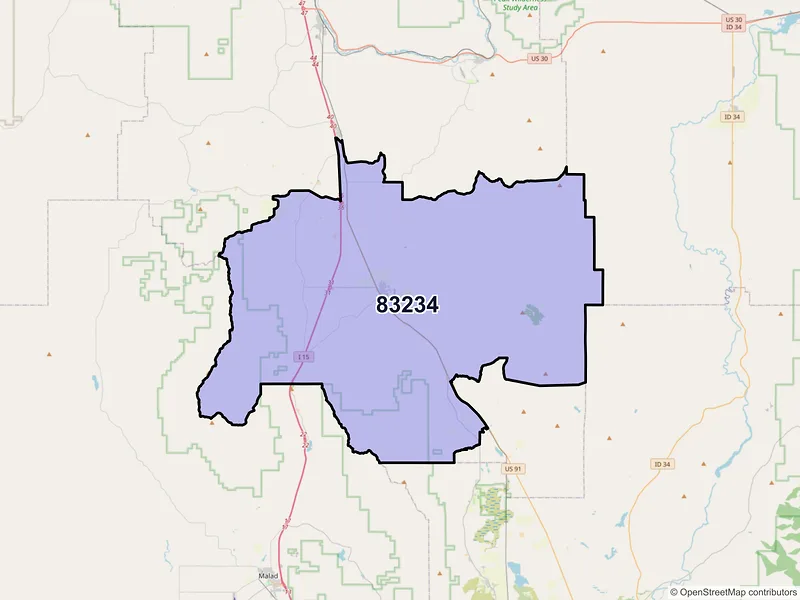 Map of ZIP Code 83234 — Downey, ID