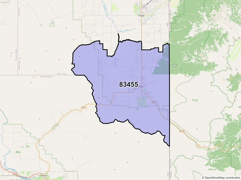 Map of Victor, Idaho and ZIP codes