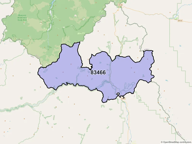 Map of ZIP Code 83466 — North Fork, ID