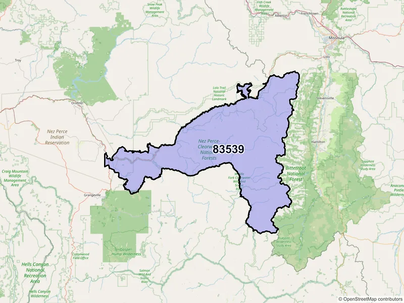 Map of ZIP Code 83539 — Kooskia, ID