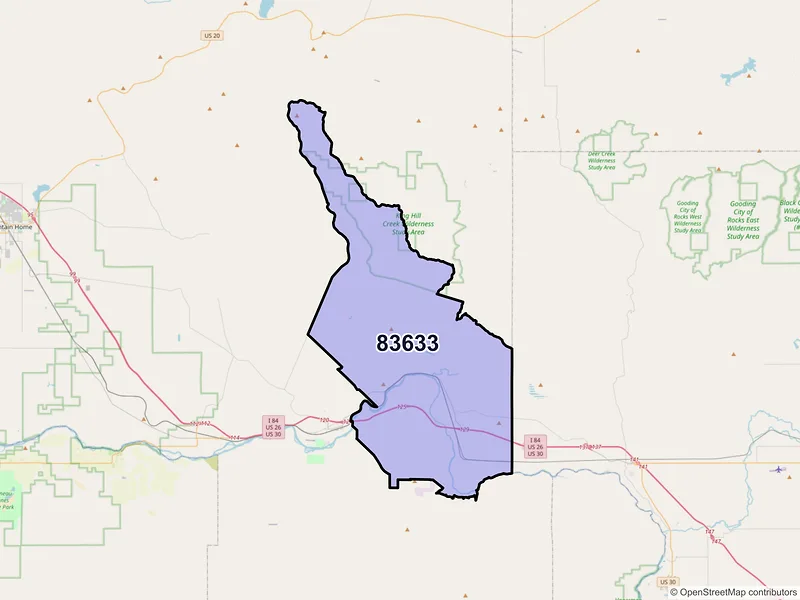 Map of ZIP Code 83633 — King Hill, ID