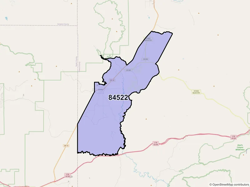 Map of Emery, Utah and ZIP codes