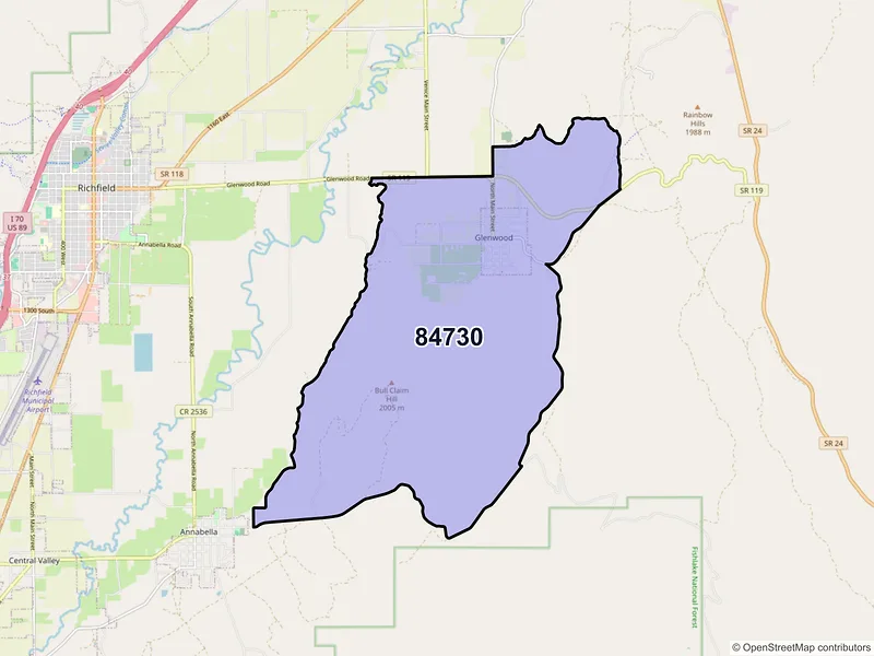 Map of Glenwood, Utah and ZIP codes