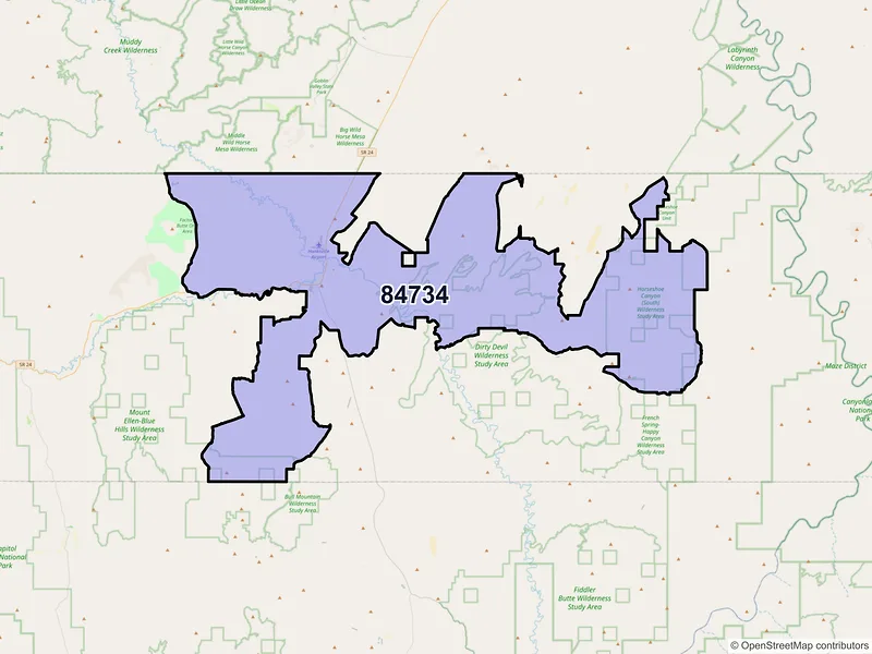 Map of Hanksville, Utah and ZIP codes