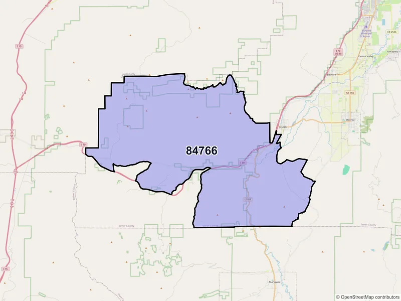 Map of Sevier, Utah and ZIP codes