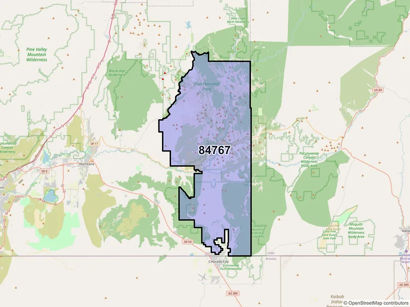Map of Springdale, Utah and ZIP codes