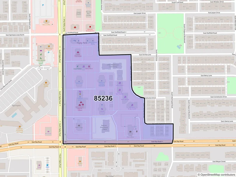 Map of Higley, Arizona and ZIP codes
