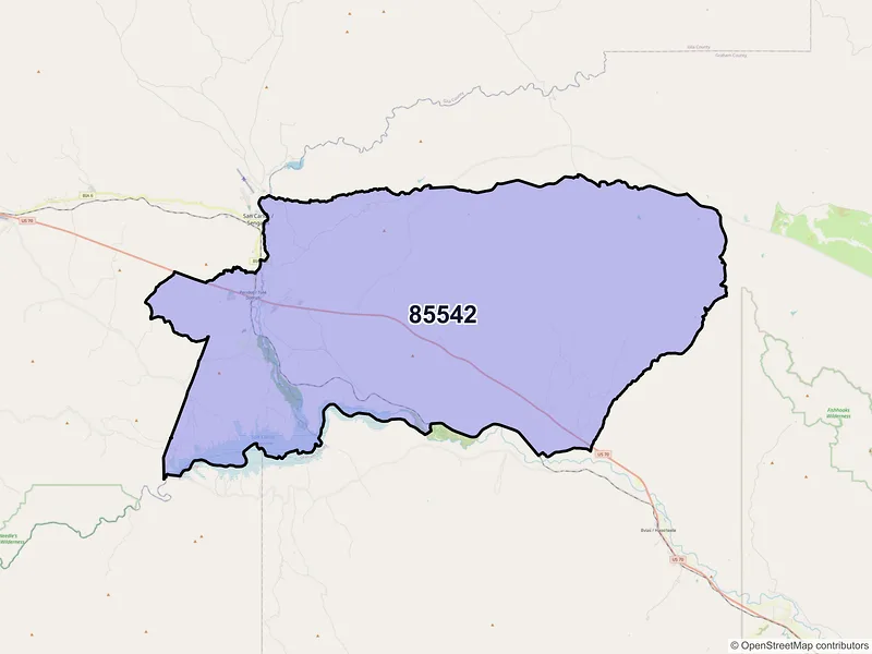 Map of Peridot, Arizona and ZIP codes