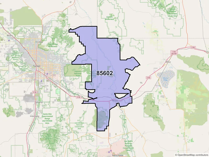 Map of Benson, Arizona and ZIP codes