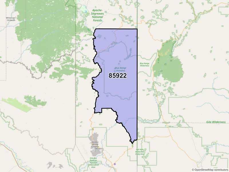 Map of Blue, Arizona and ZIP codes