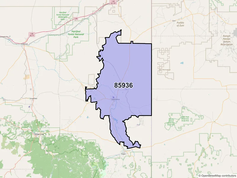 Map of Saint Johns, Arizona and ZIP codes