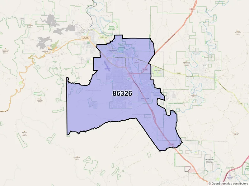 Map of Cottonwood, Arizona and ZIP codes