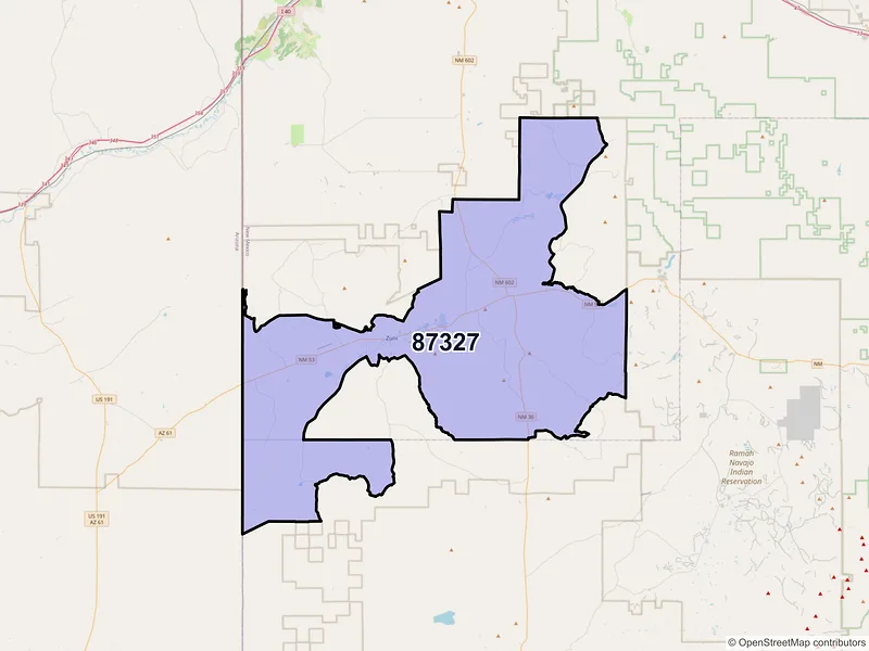 Map of Zuni, New Mexico and ZIP codes