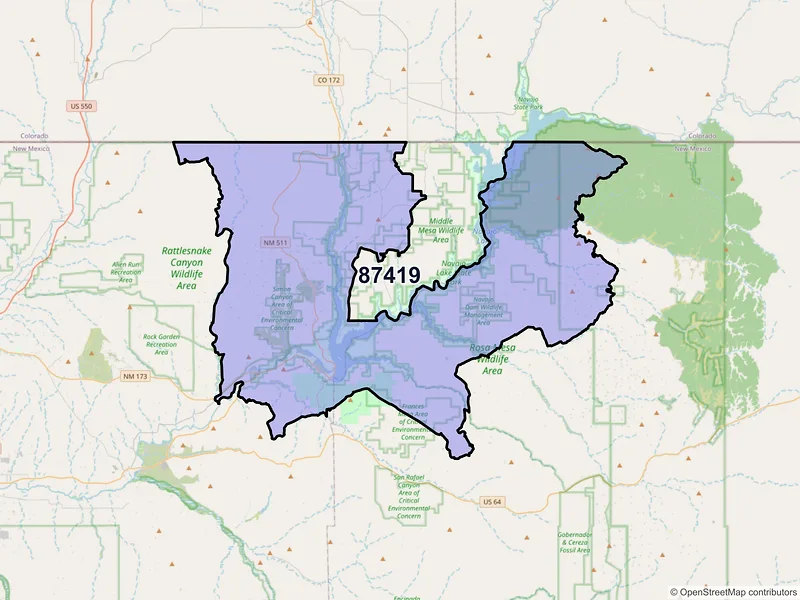 Map of Navajo Dam, New Mexico and ZIP codes