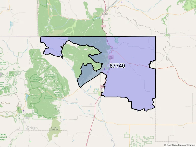 Map of Raton, New Mexico and ZIP codes