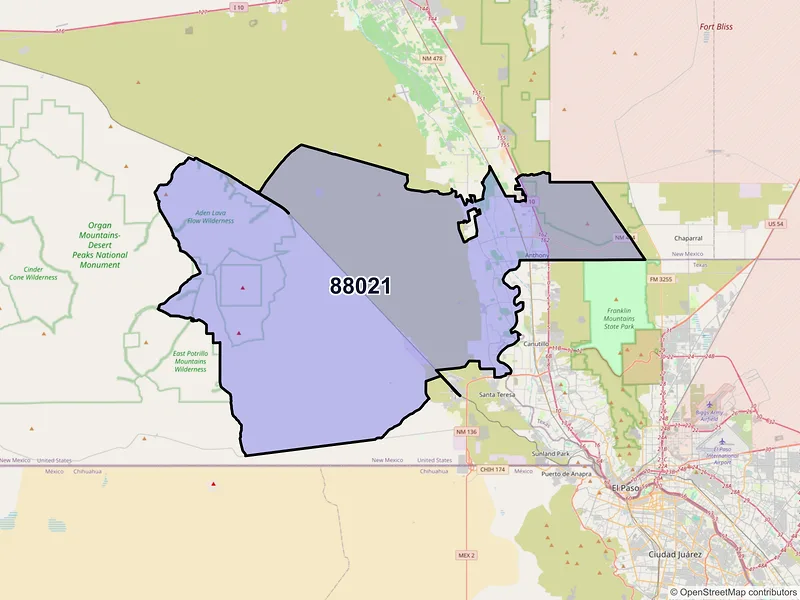 Map of ZIP Code 88021 — Anthony, NM