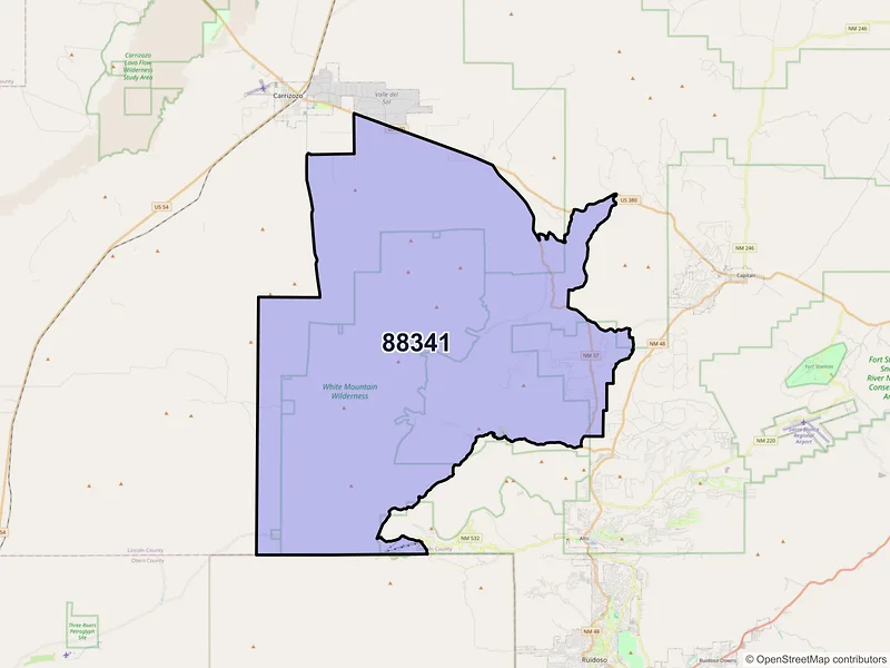 Map of Nogal, New Mexico and ZIP codes