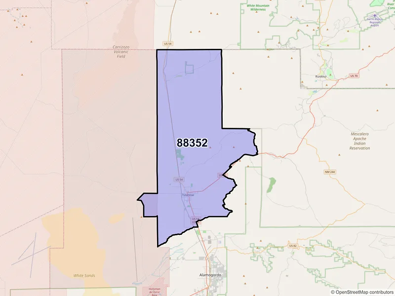 Map of Tularosa, New Mexico and ZIP codes