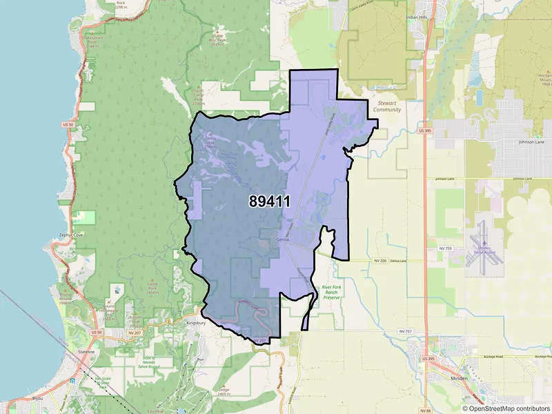 Map of Genoa, Nevada and ZIP codes
