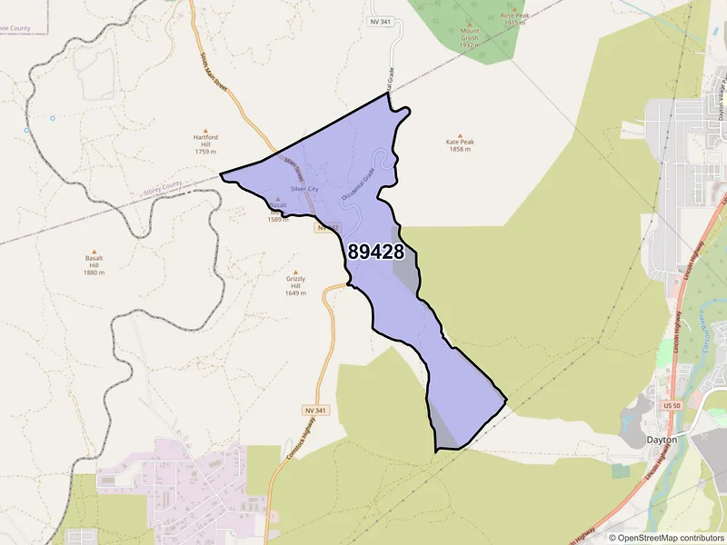 Map of Silver City, Nevada and ZIP codes