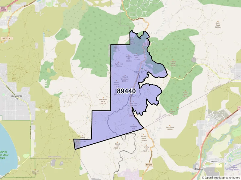 Map of Virginia City, Nevada and ZIP codes