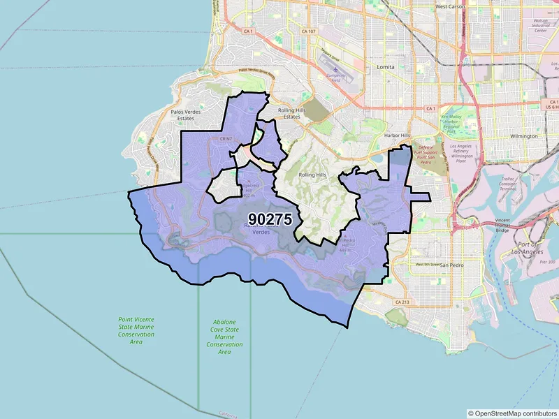 Map of Rancho Palos Verdes, California and ZIP codes