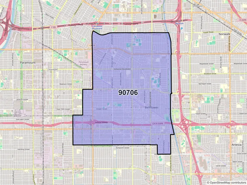 Map of ZIP Code 90706 — Bellflower, CA
