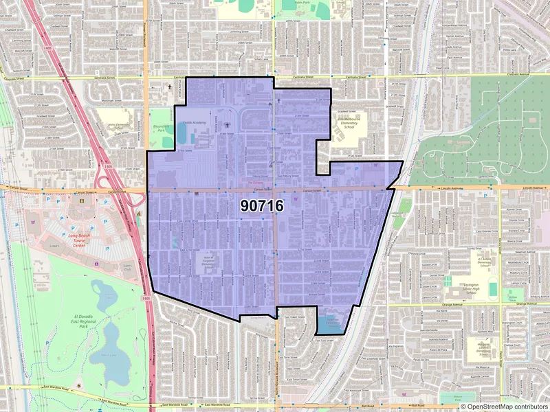 Map of Hawaiian Gardens, California and ZIP codes